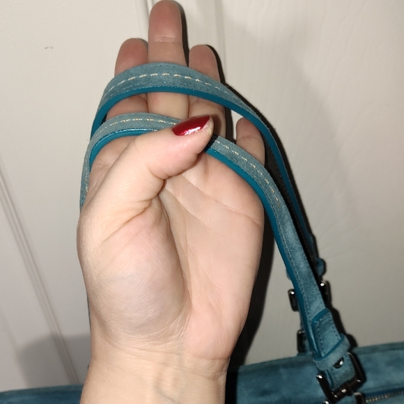 Coach 8B31 Torqoise Blue Suede Tote Gunmetal Beaded Zipper Shoulder Bag - Picture 11 of 17